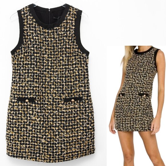 Endless Rose Tweed Mini Dress Sleeveless Shift Metallic Gold Black Sz Large New - Picture 1 of 8